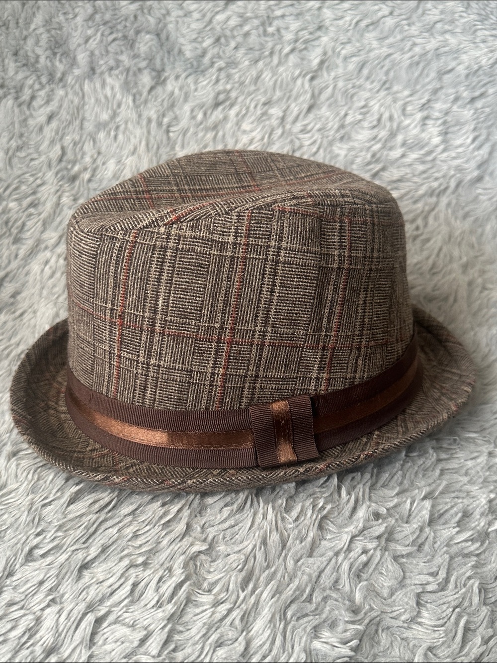 D&Y Brown Plaid Men's Fedora/ Pork Pie Hat with Satin Band